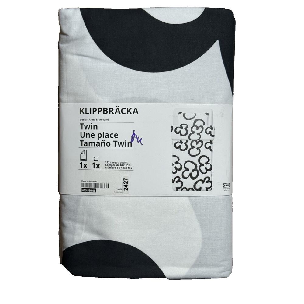 IKEA KLIPPBRACKA Twin Duvet Cover & Pillowcase Set White/Black - NEW